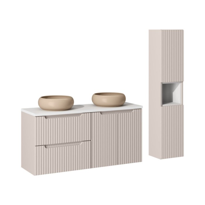 Insieme VANO cashmere e bianco 150cm: mobile sottolavabo con cassetti e armadietti + lavabi da appoggio marrone cappuccino + col