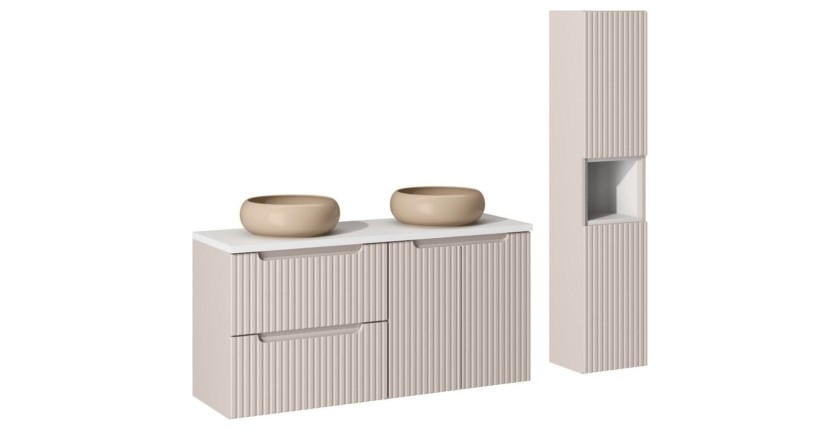 Ensemble VANO cachemire et blanc 150cm : meubles sous vasque à tiroirs et placards + vasques à poser marron cappuccino + colonne