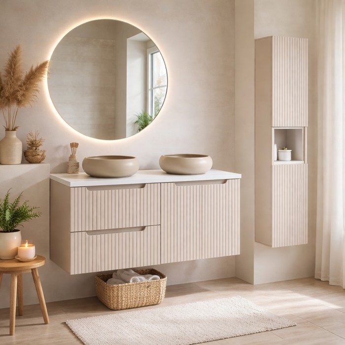 Insieme VANO cashmere e bianco 150cm: mobile sottolavabo con cassetti e armadietti + lavabi da appoggio marrone cappuccino + col