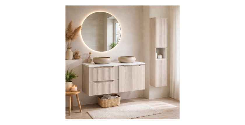 Ensemble VANO cachemire et blanc 150cm : meubles sous vasque à tiroirs et placards + vasques à poser marron cappuccino + colonne