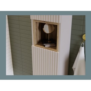 Ensemble VANO cachemire et chêne 150cm : meubles sous vasque à tiroirs et placards + vasques à poser rainurées blanches + colonn