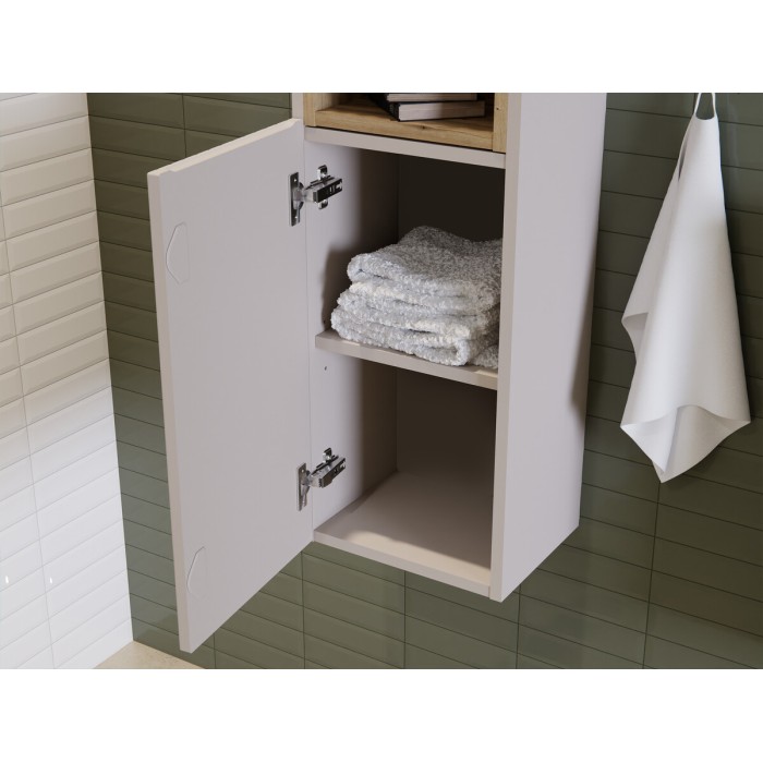 Insieme VANO cachemire e quercia 150cm: mobili sotto lavabo con cassetti e armadietti + lavabi da appoggio bianchi scanalati + c