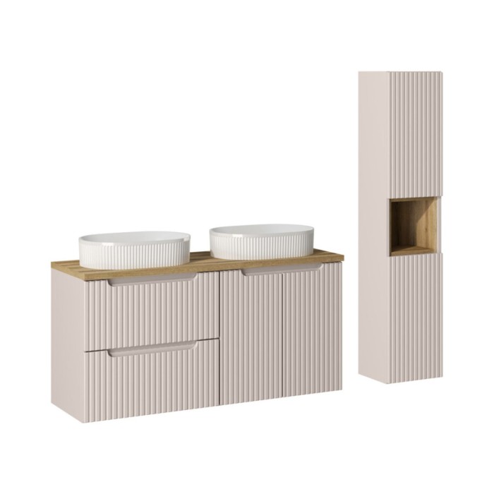 Insieme VANO cachemire e quercia 150cm: mobili sotto lavabo con cassetti e armadietti + lavabi da appoggio bianchi scanalati + c