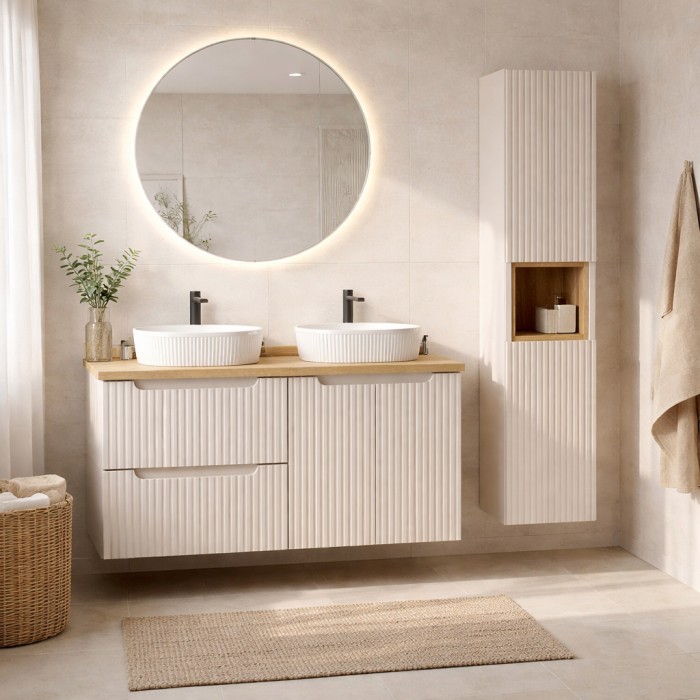 Insieme VANO cachemire e quercia 150cm: mobili sotto lavabo con cassetti e armadietti + lavabi da appoggio bianchi scanalati + c