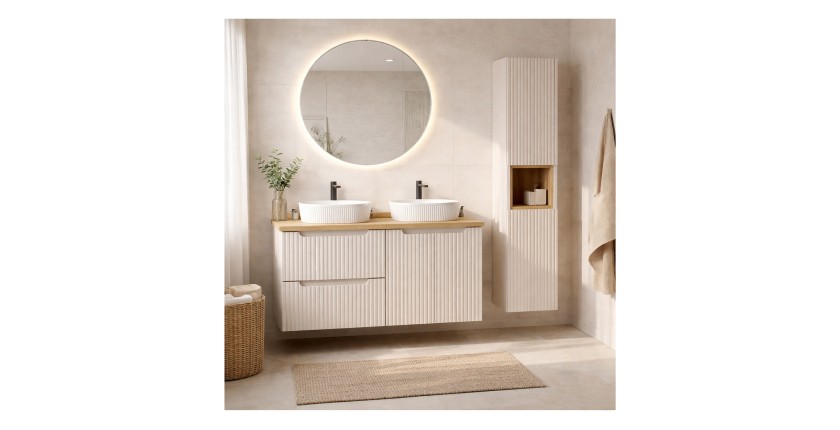 Ensemble VANO cachemire et chêne 150cm : meubles sous vasque à tiroirs et placards + vasques à poser rainurées blanches + colonn