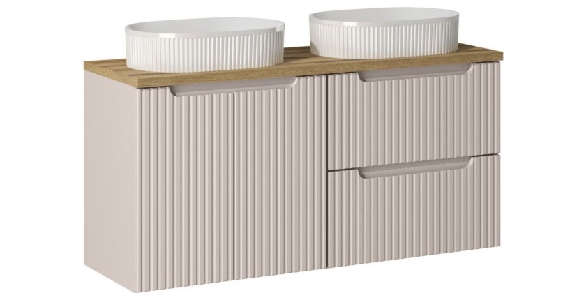 Ensemble VANO cachemire et chêne 120cm : meubles sous vasque à tiroirs et placards + vasques à poser rainurées blanches