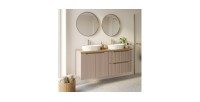 Ensemble VANO cachemire et chêne 120cm : meubles sous vasque à tiroirs et placards + vasques à poser rainurées blanches