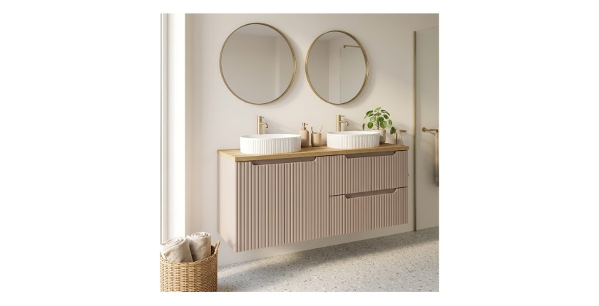 Ensemble VANO cachemire et chêne 120cm : meubles sous vasque à tiroirs et placards + vasques à poser rainurées blanches