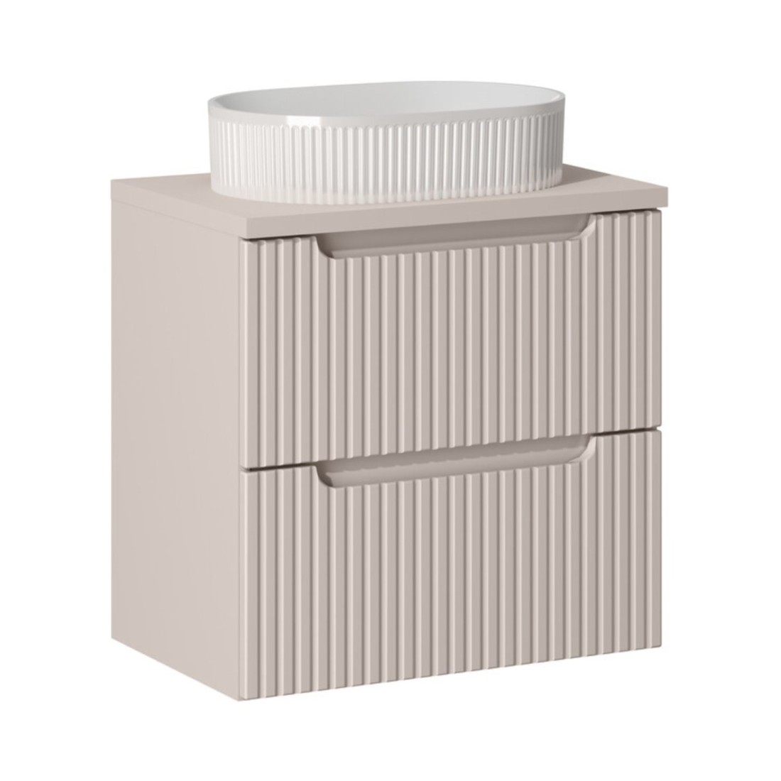 Ensemble VANO cachemire 60cm : meuble sous vasque à tiroirs + plan pour vasque + vasque à poser rainurée blancheCE