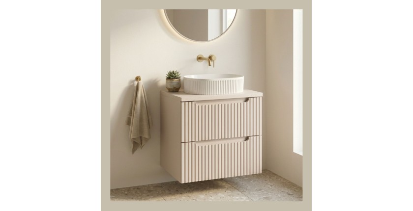 Ensemble VANO cachemire 60cm : meuble sous vasque à tiroirs + plan pour vasque + vasque à poser rainurée blancheCE