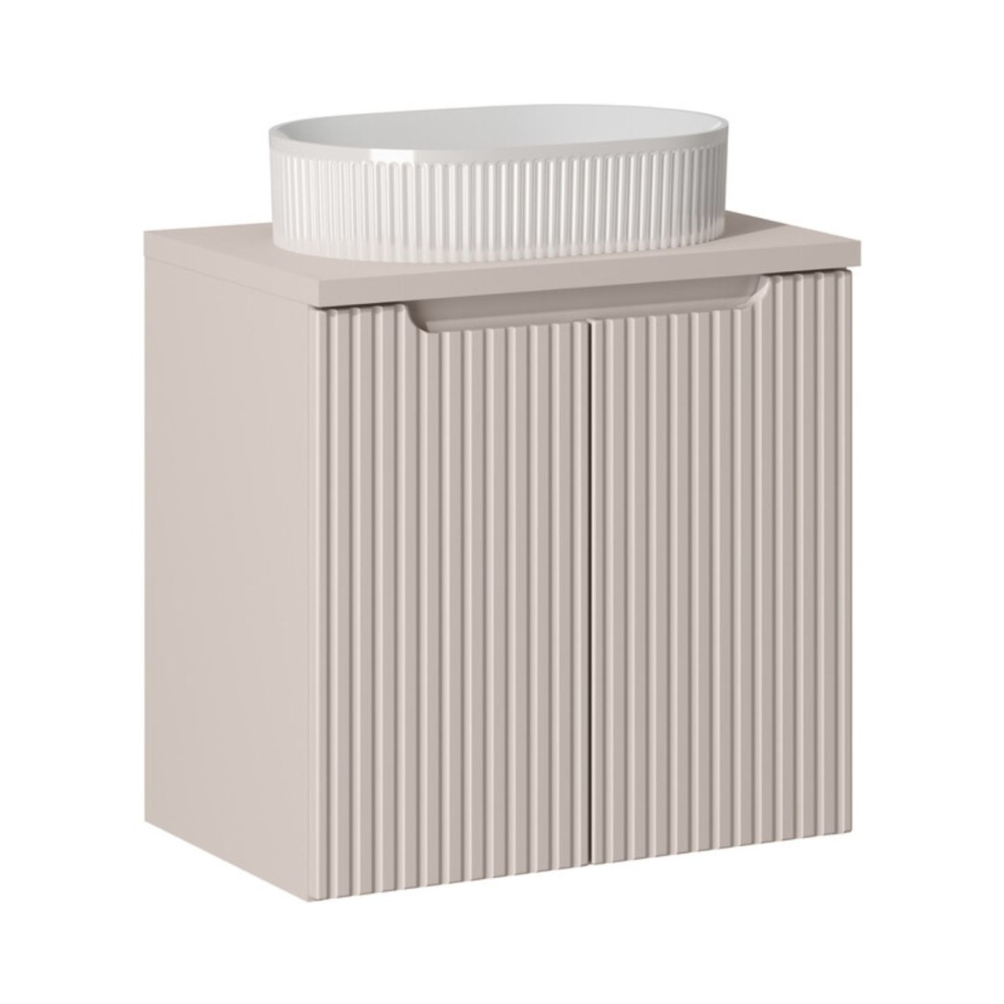 Ensemble VANO cachemire 60cm : meuble sous vasque à placards + plan pour vasque + vasque à poser rainurée blanche