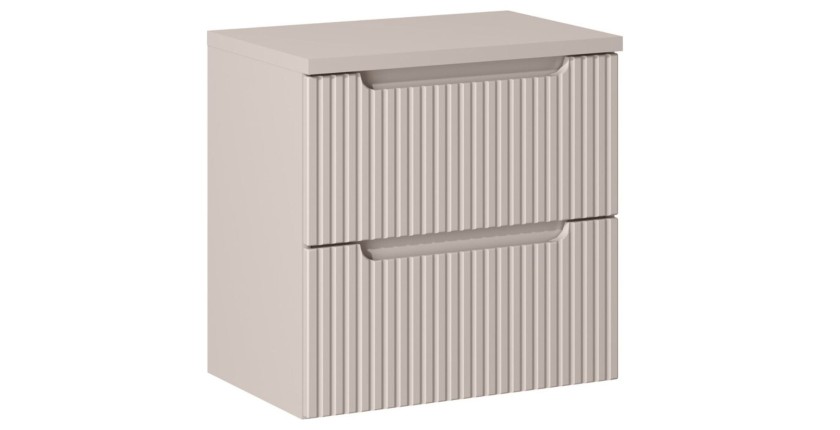 Ensemble de salle de bain suspendu VANO cachemire 60cm : meuble sous vasque à tiroirs rainuré verticalement + plan pour vasque