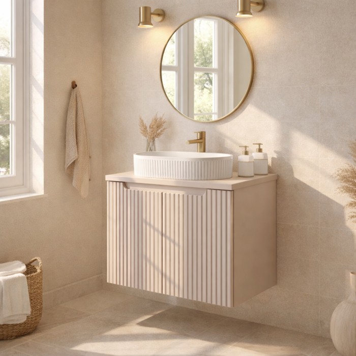 Insieme da bagno sospeso VANO cachemire 60cm: mobile sotto lavabo con ante scanalate verticalmente + piano per lavabo