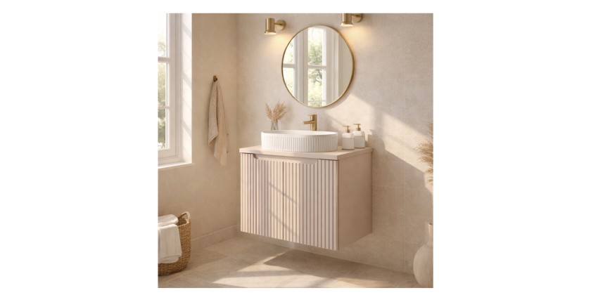 Ensemble de salle de bain suspendu VANO cachemire 60cm : meuble sous vasque à placards rainuré verticalement + plan pour vasque