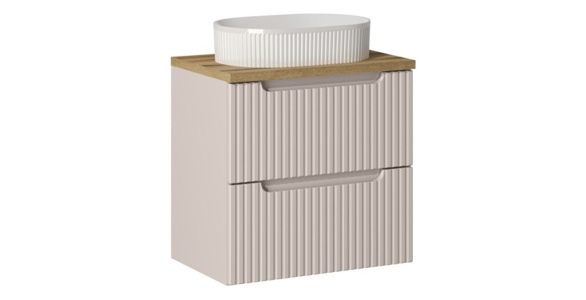 Ensemble VANO cachemire et chêne 60cm : meuble sous vasque à tiroirs + plan pour vasque + vasque à poser rainurée blanche