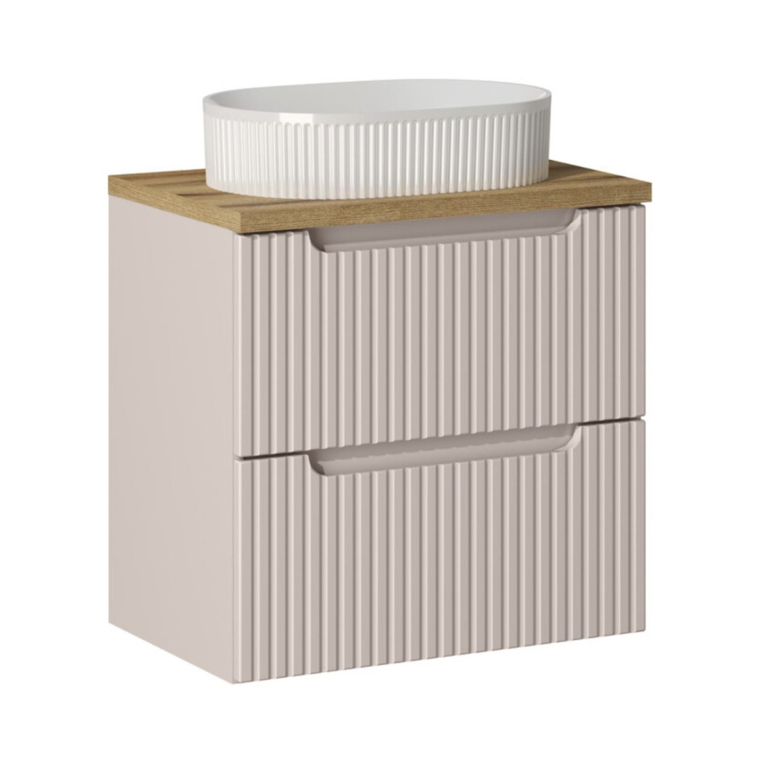 Ensemble VANO cachemire et chêne 60cm : meuble sous vasque à tiroirs + plan pour vasque + vasque à poser rainurée blanche