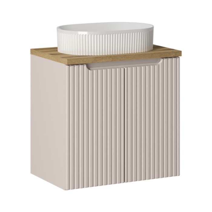 Ensemble VANO kasjmier en eiken 60cm: onderkast met kasten + blad voor wastafel + opbouwwastafel met witte groeven