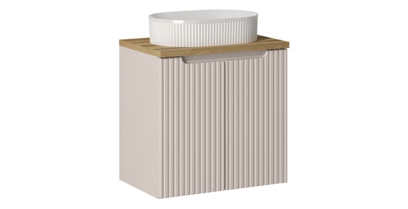 Ensemble VANO cachemire et chêne 60cm : meuble sous vasque à placards + plan pour vasque + vasque à poser rainurée blanche