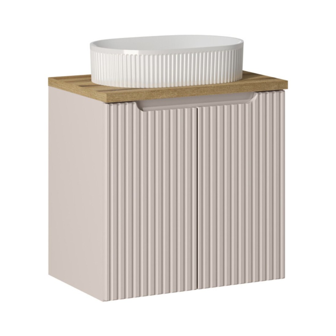 Ensemble VANO cachemire et chêne 60cm : meuble sous vasque à placards + plan pour vasque + vasque à poser rainurée blanche