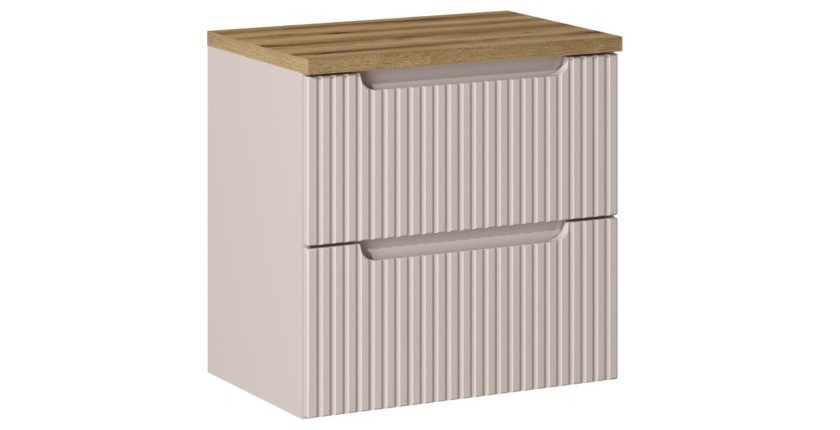 Ensemble de salle de bain VANO cachemire et chêne 60cm : meuble sous vasque à tiroirs rainuré verticalement + plan pour vasque