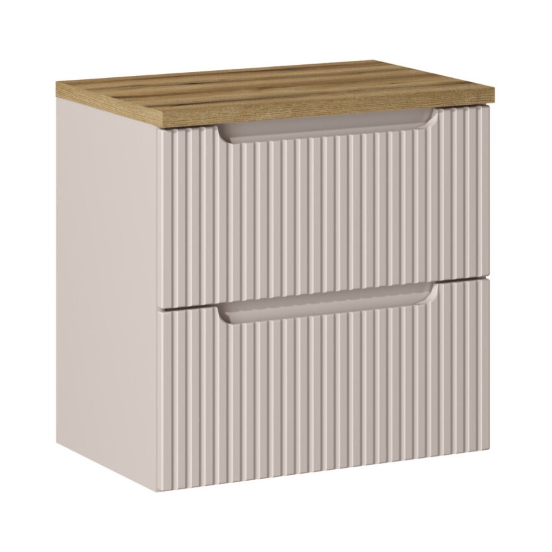 Ensemble de salle de bain VANO cachemire et chêne 60cm : meuble sous vasque à tiroirs rainuré verticalement + plan pour vasque