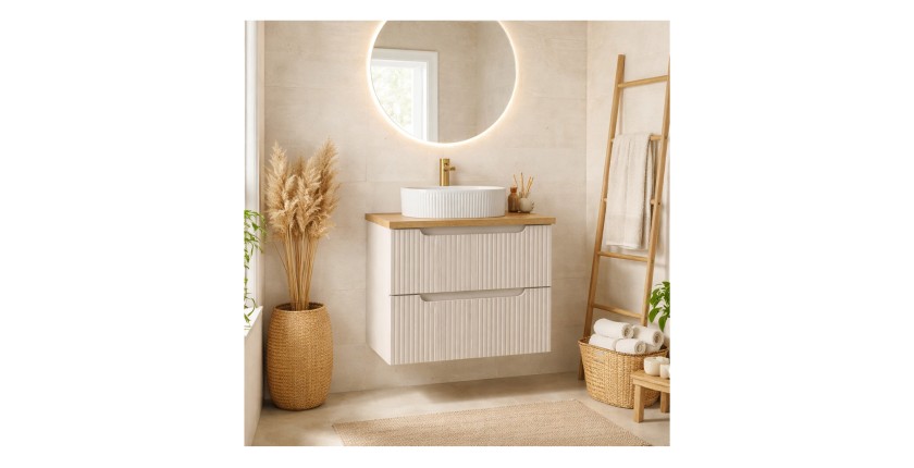 Ensemble de salle de bain VANO cachemire et chêne 60cm : meuble sous vasque à tiroirs rainuré verticalement + plan pour vasque