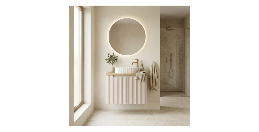 Ensemble de salle de bain VANO cachemire et chêne 60cm : meuble sous vasque à placards rainuré verticalement + plan pour vasque