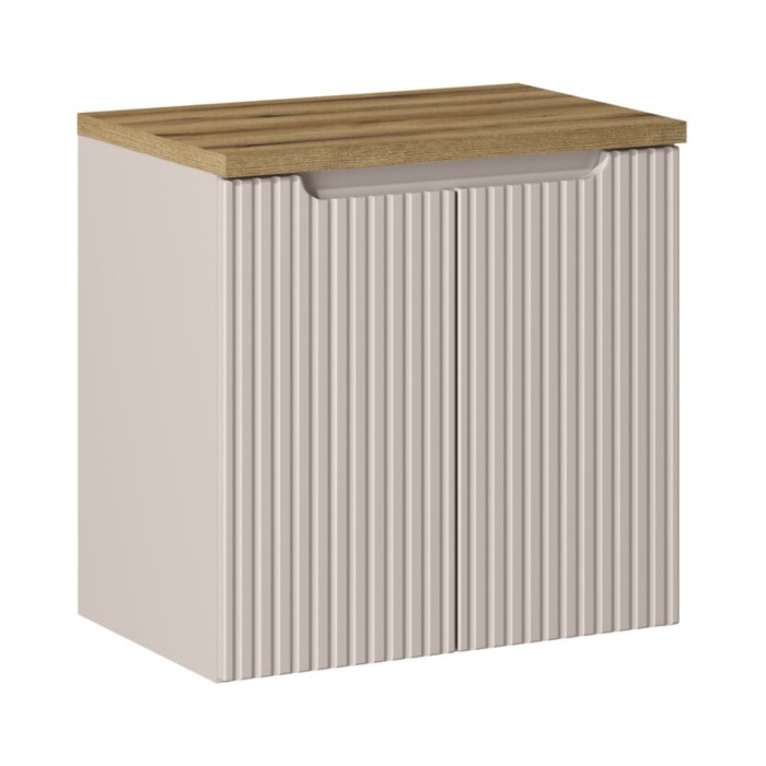 Ensemble VANO cachemire et chêne 60cm : meuble sous vasque à placards et plan pour vasque