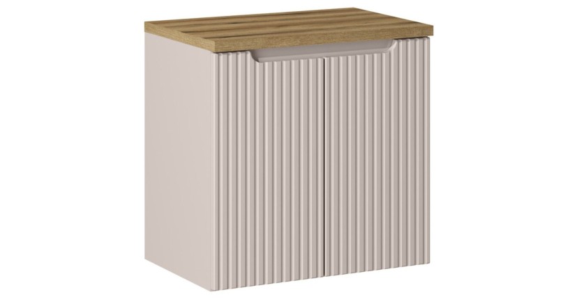 Ensemble de salle de bain VANO cachemire et chêne 60cm : meuble sous vasque à placards rainuré verticalement + plan pour vasque