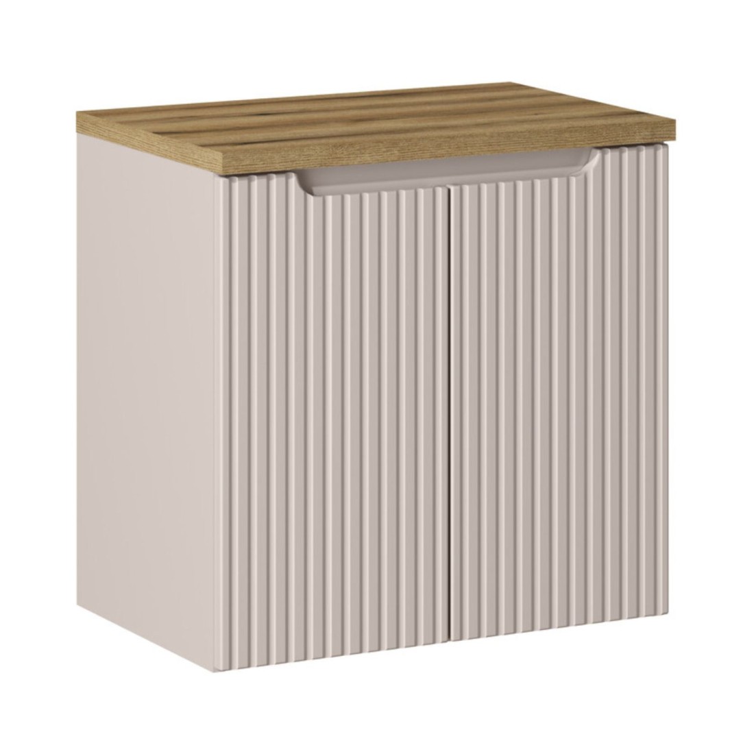 Ensemble de salle de bain VANO cachemire et chêne 60cm : meuble sous vasque à placards rainuré verticalement + plan pour vasque