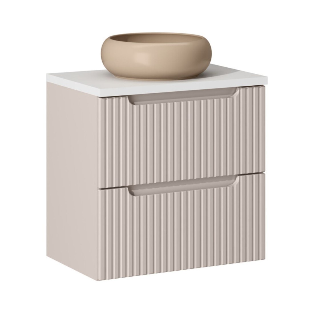 Ensemble VANO cachemire et blanc 60cm : meuble sous vasque à tiroirs + plan pour vasque + vasque à poser marron cappuccino