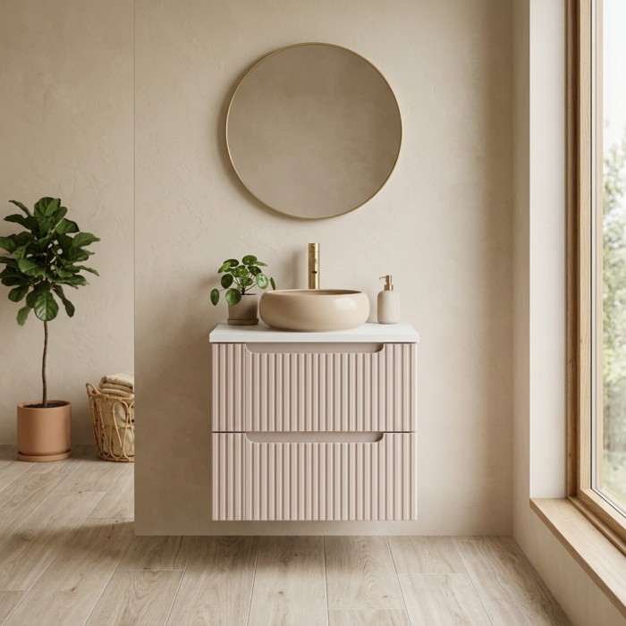 Ensemble VANO kasjmier en wit 60cm: onderkast met laden + blad voor waskom + opzetwastafel bruin cappuccino