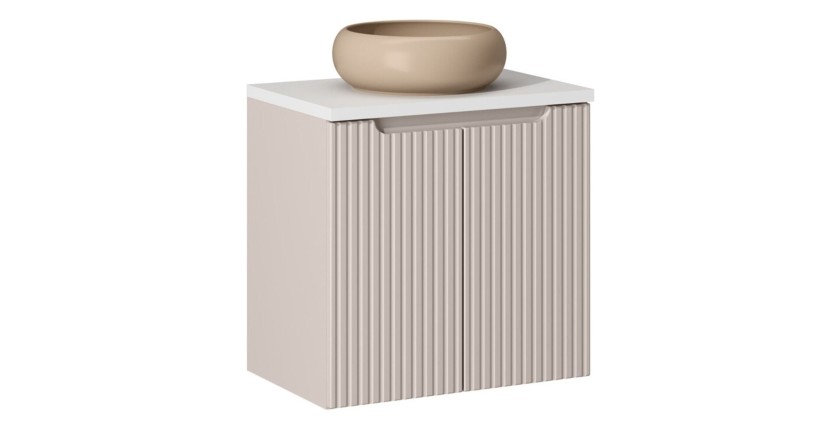 Ensemble VANO cachemire et blanc 60cm : meuble sous vasque à placards + plan pour vasque + vasque à poser marron cappuccino