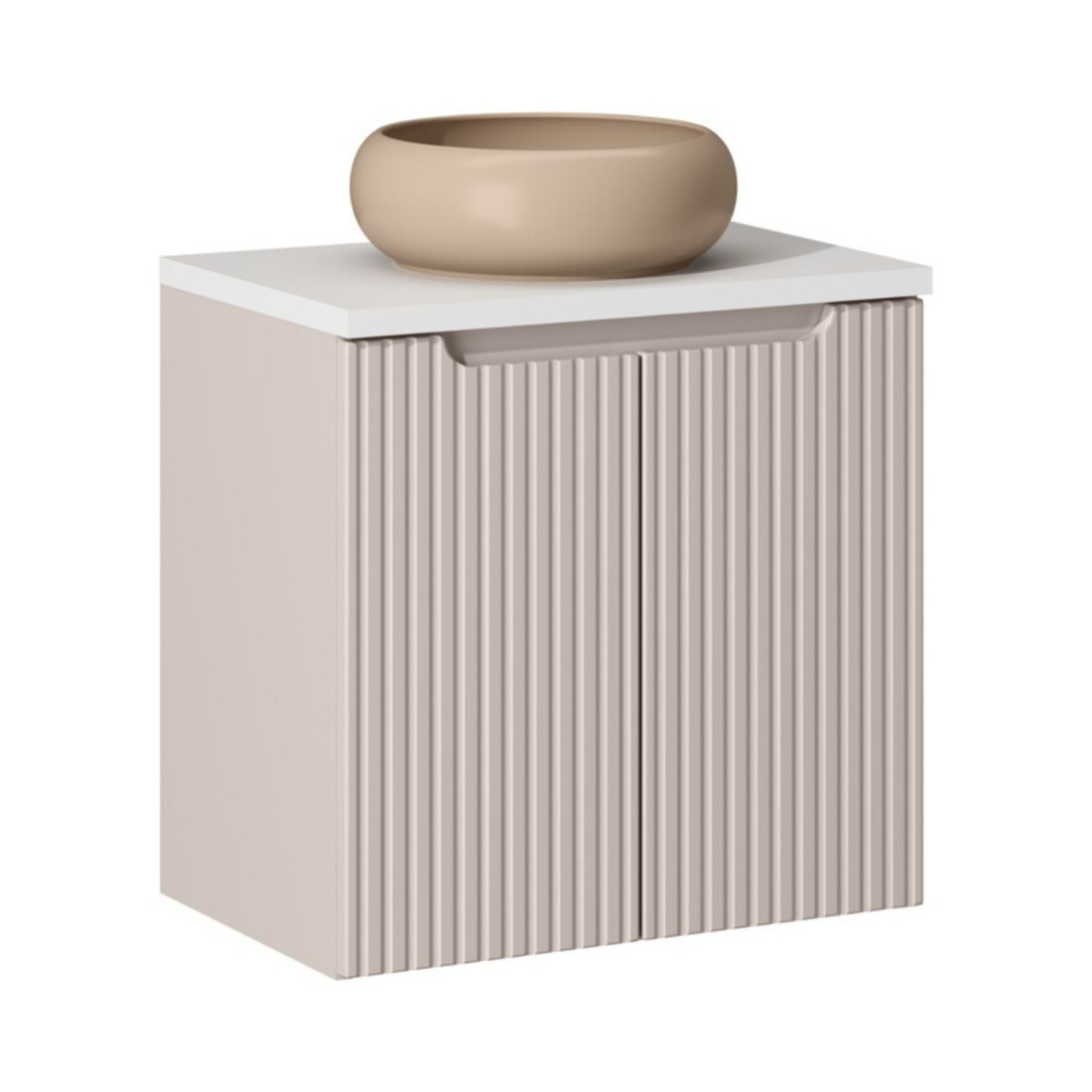 Ensemble VANO cachemire et blanc 60cm : meuble sous vasque à placards + plan pour vasque + vasque à poser marron cappuccino