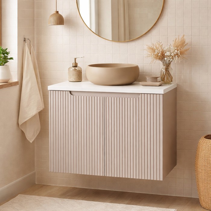 Insieme VANO cachemire e bianco 60cm: mobile sotto lavabo con armadietti + piano per lavabo + lavabo da appoggio marrone cappucc