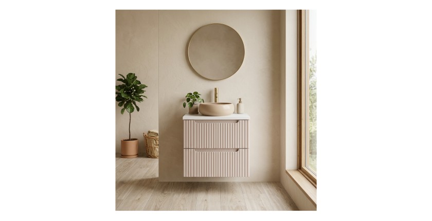 Badezimmer-Set VANO Kaschmir und Weiß 60cm: Unterschrank mit vertikal gerillten Schubladen + Platte für Waschbecken