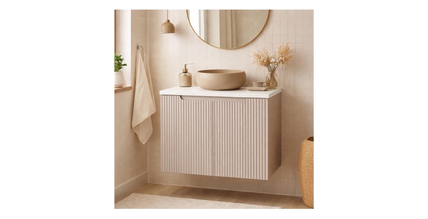 Ensemble VANO cachemire et blanc 60cm : meuble sous vasque à placards et plan pour vasque mis en situation