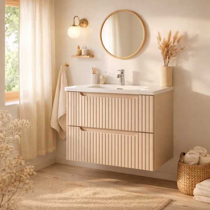 Badezimmer-Set VANO Cashmere und Weiß 60cm: Unterschrank mit vertikal genuteten Schubladen + eingelassenes Waschbecken