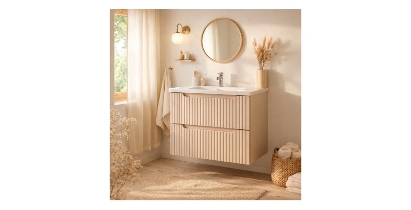 Badezimmer-Set VANO Cashmere und Weiß 60cm: Unterschrank mit vertikal genuteten Schubladen + eingelassenes Waschbecken