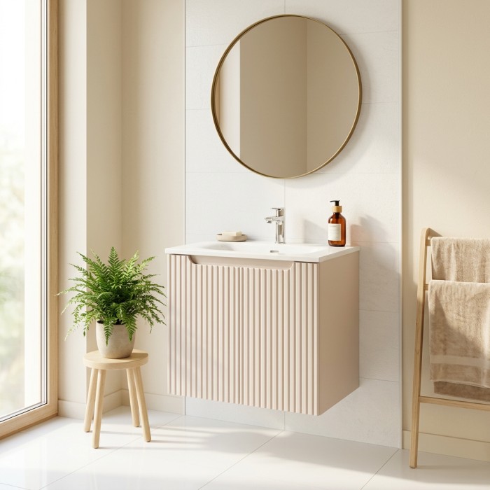 Badezimmer-Set VANO Kaschmir und Weiß 60cm: Unterschrank mit vertikal gerillten Türen + eingelassenes Waschbecken