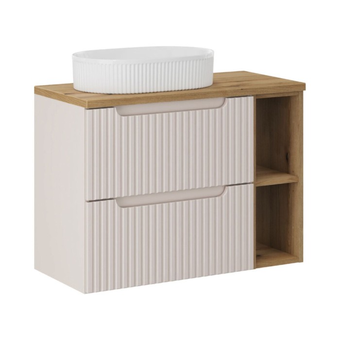 Insieme VANO cashmere e quercia 80cm : mobile sotto lavabo con cassetti e nicchie a vista + lavabo da appoggio scanalato