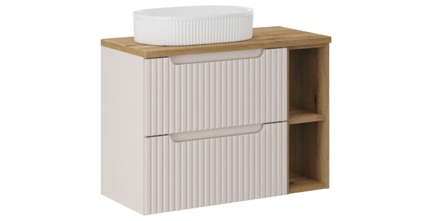 Ensemble VANO cachemire et chêne 80cm : meuble sous vasque à tiroirs avec niches visibles + vasque à poser rainurée