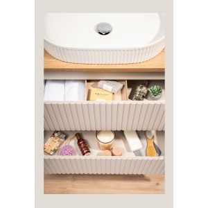Ensemble VANO cachemire et chêne 80cm : meuble sous vasque à tiroirs avec niches visibles + vasque à poser rainurée
