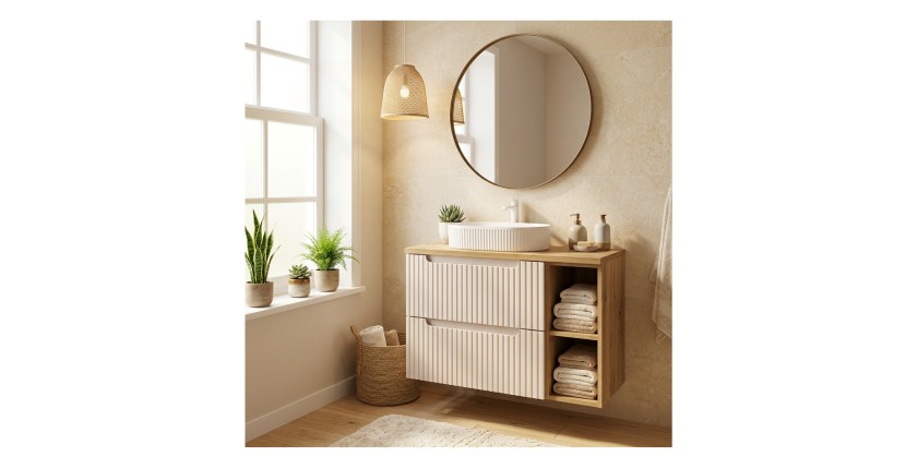 Ensemble VANO cachemire et chêne 80cm : meuble sous vasque, niches visibles et plan pour vasque mis en situation