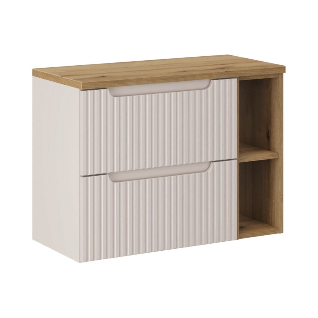 Ensemble VANO cachemire et chêne 80cm : meuble sous vasque, niches visibles et plan pour vasque