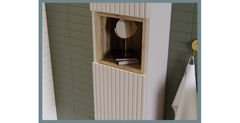 Ensemble VANO cachemire et chêne 110cm : meuble sous vasque à placards + vasque à poser rainurée blanche + colonne