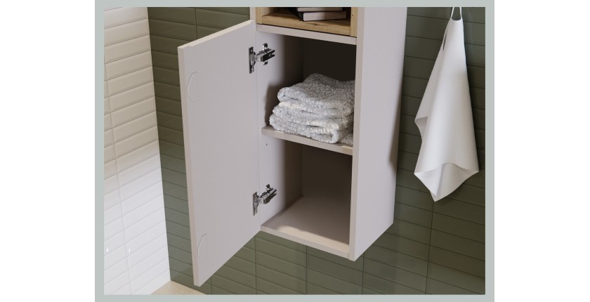 Ensemble VANO cachemire et chêne 110cm : meuble sous vasque à placards + vasque à poser rainurée blanche + colonne