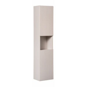 Ensemble VANO cachemire et chêne 110cm : meuble sous vasque à placards + vasque à poser rainurée blanche + colonne