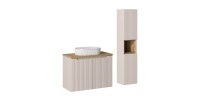 Ensemble VANO cachemire et chêne 110cm : meuble sous vasque à placards + vasque à poser rainurée blanche + colonne
