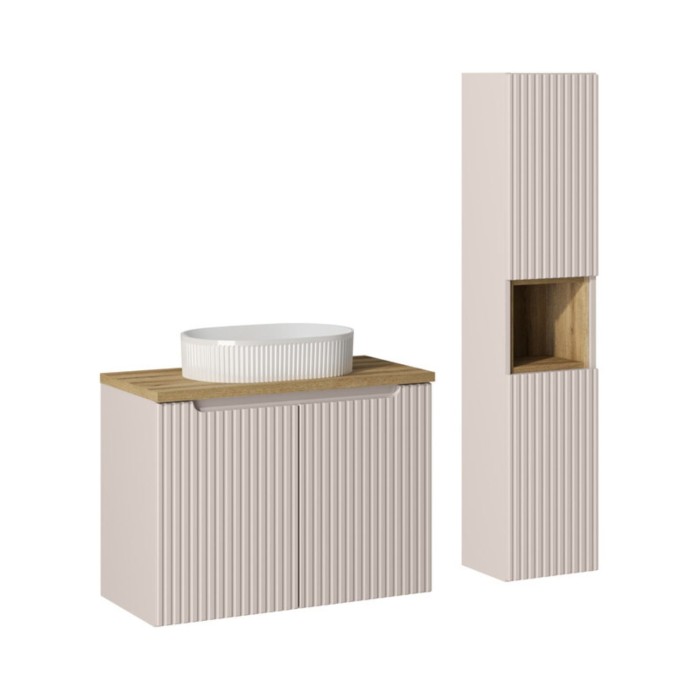Ensemble VANO cachemire et chêne 110cm : meuble sous vasque, vasque rainurée à poser et colonne